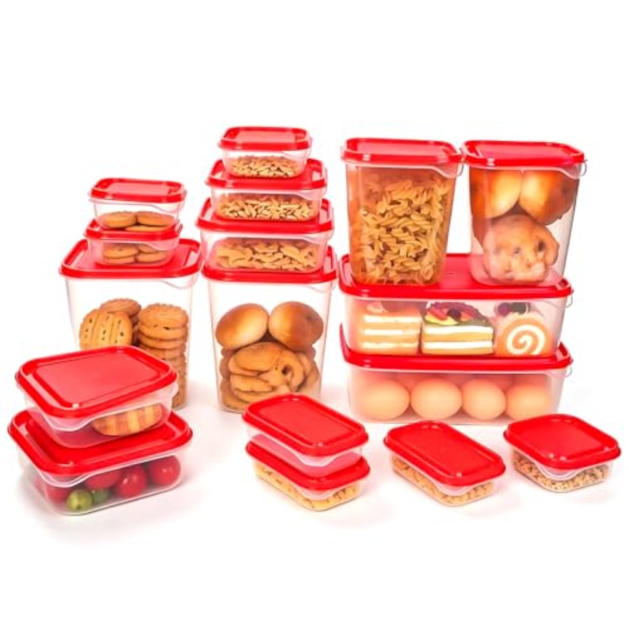 Food Storage Meal Prep - 17-delige plastic voedselbewaarset, rode geventileerde deksels
