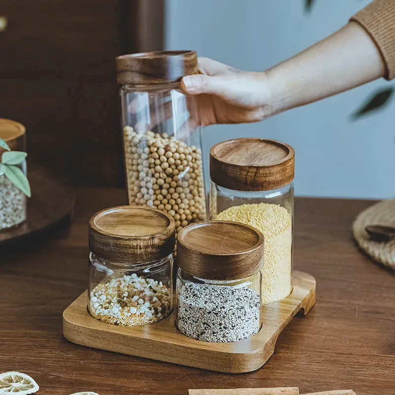 Food Storage Jars Airtight - Houten Deksel Orgnizer Glas Luchtdichte Bus